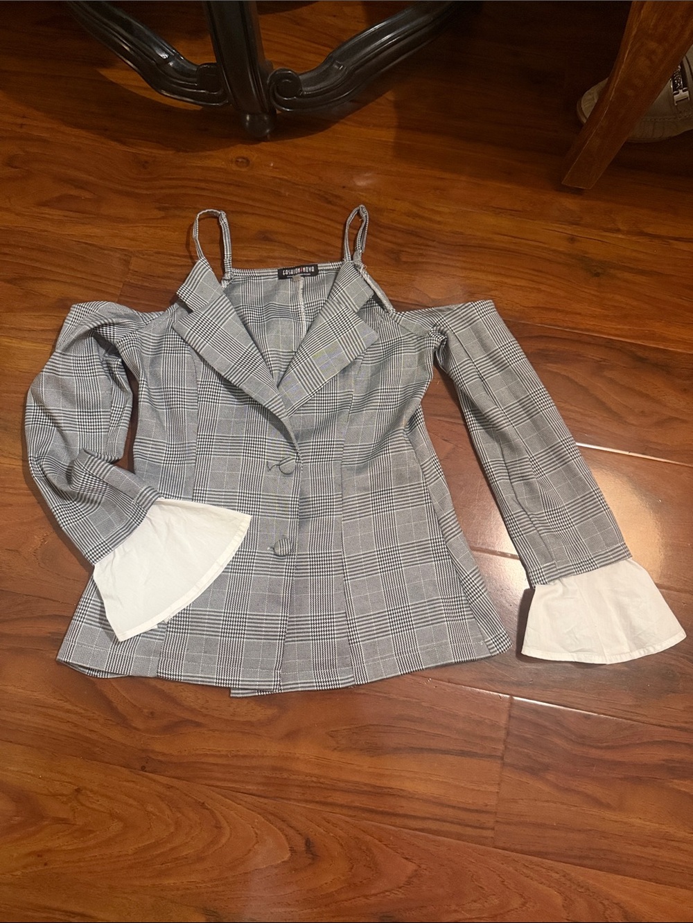 Fashion Nova Gray Plaid Cold-Shoulder Blazer with White Flared Cuffs